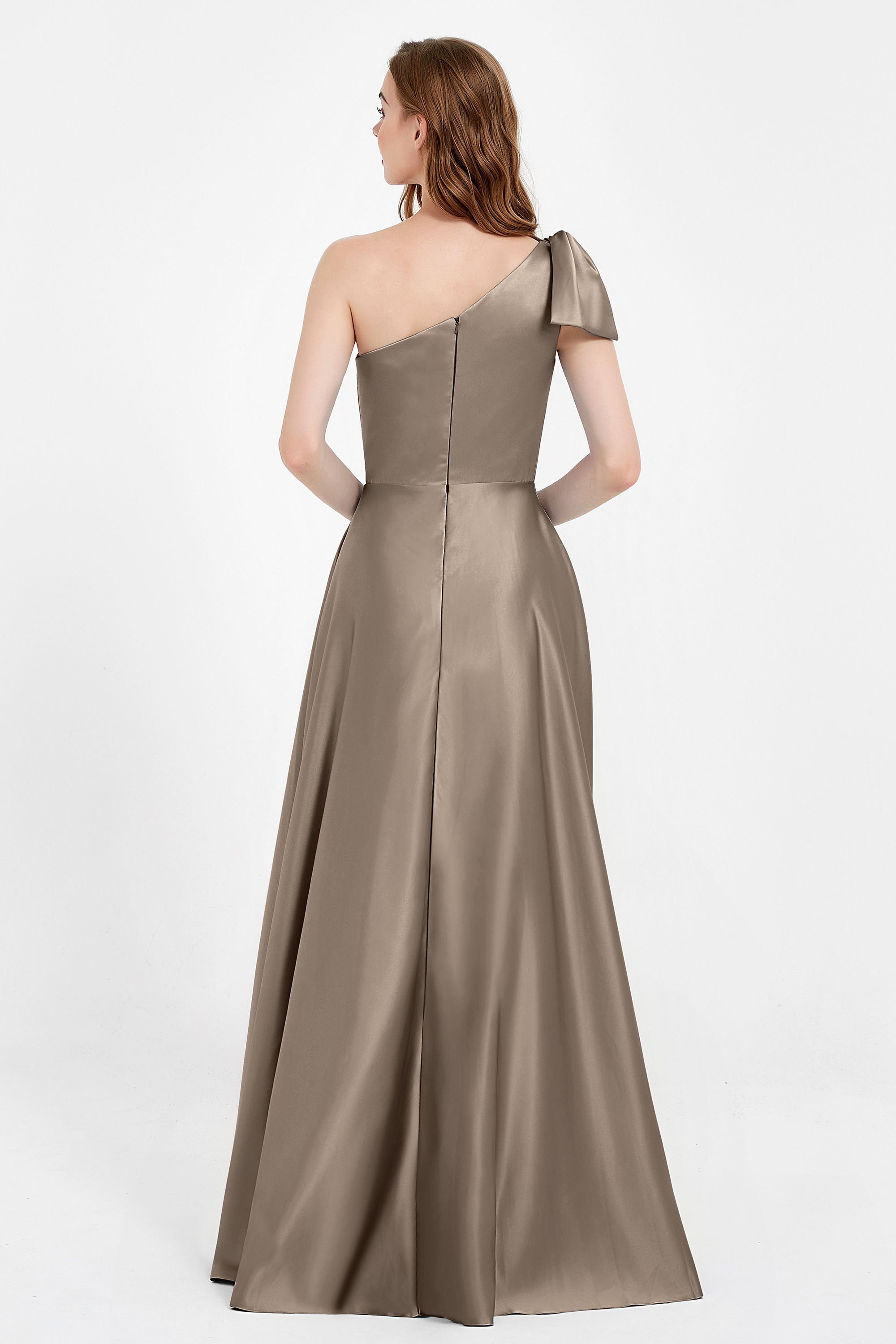 One Shoulder Satin Pleated Bridesmaid Dress Long Bowknot Formal Evening Party Dresses Gowns