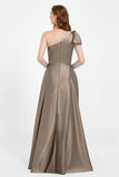 One Shoulder Satin Pleated Bridesmaid Dress Long Bowknot Formal Evening Party Dresses Gowns