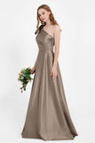 One Shoulder Satin Pleated Bridesmaid Dress Long Bowknot Formal Evening Party Dresses Gowns