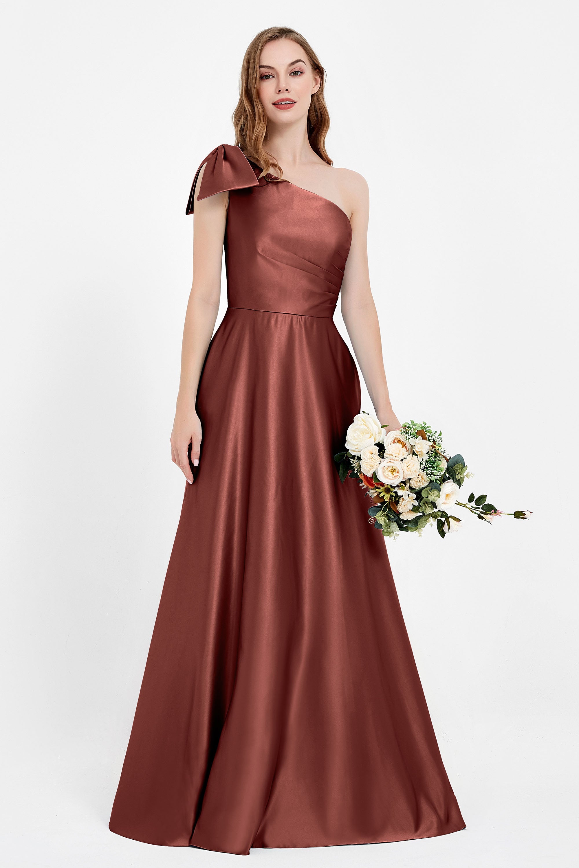 One Shoulder Satin Pleated Bridesmaid Dress Long Bowknot Formal Evening Party Dresses Gowns