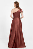 One Shoulder Satin Pleated Bridesmaid Dress Long Bowknot Formal Evening Party Dresses Gowns