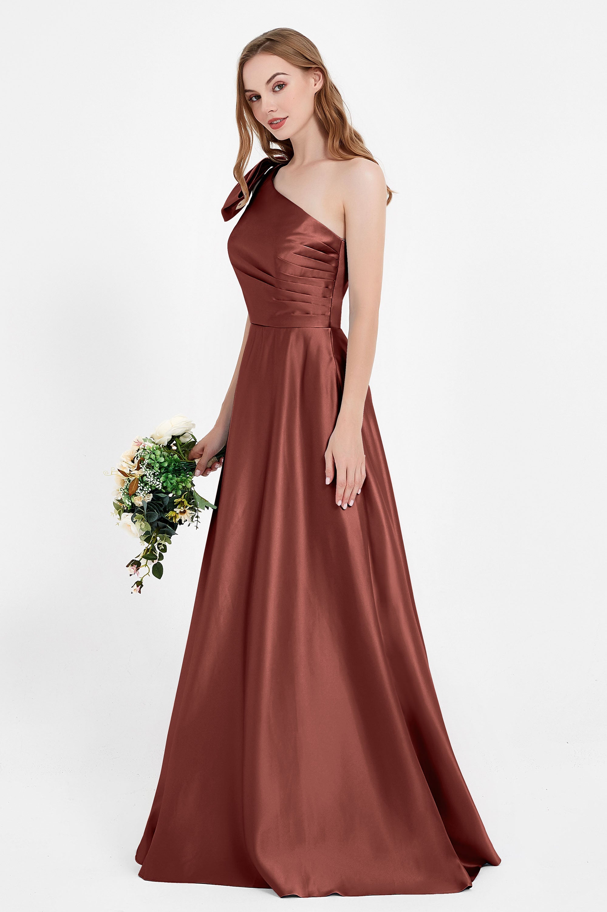 One Shoulder Satin Pleated Bridesmaid Dress Long Bowknot Formal Evening Party Dresses Gowns