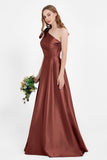 One Shoulder Satin Pleated Bridesmaid Dress Long Bowknot Formal Evening Party Dresses Gowns