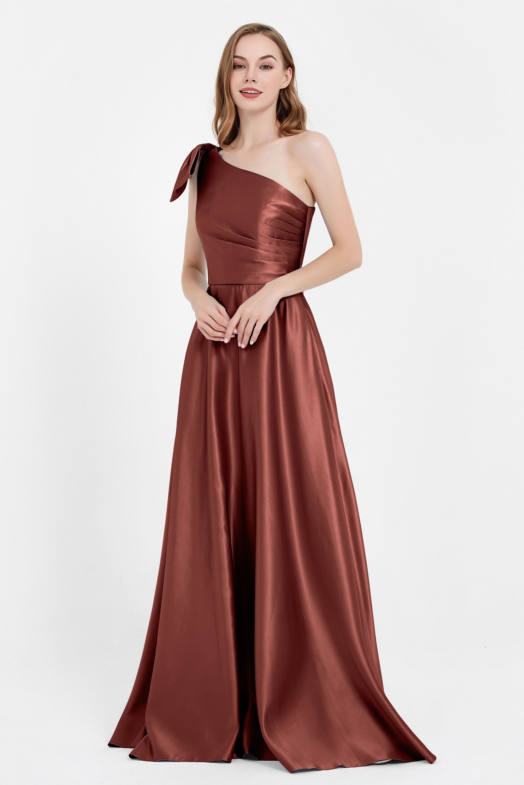 One Shoulder Satin Pleated Bridesmaid Dress Long Bowknot Formal Evening Party Dresses Gowns