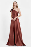 One Shoulder Satin Pleated Bridesmaid Dress Long Bowknot Formal Evening Party Dresses Gowns