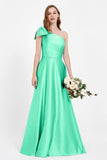 One Shoulder Satin Pleated Bridesmaid Dress Long Bowknot Formal Evening Party Dresses Gowns