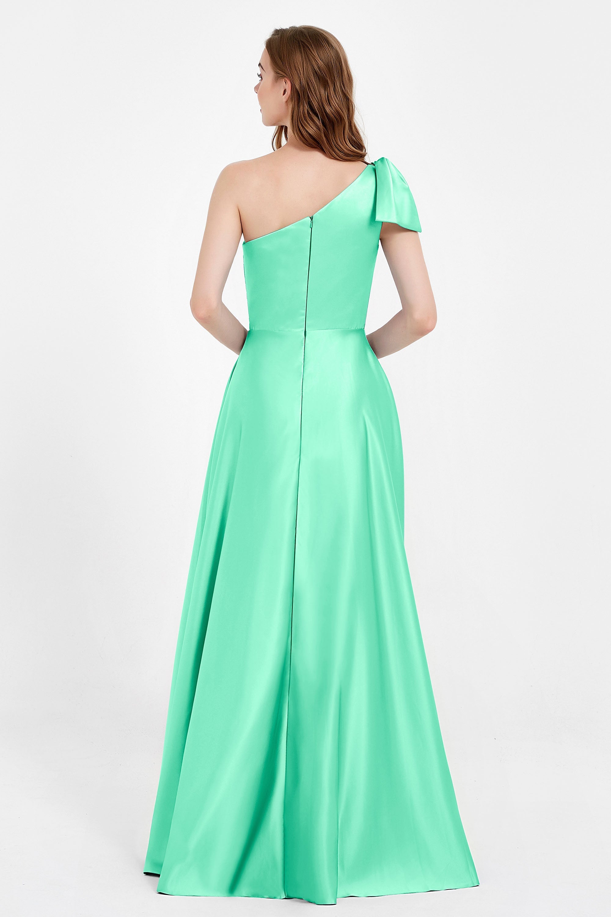 One Shoulder Satin Pleated Bridesmaid Dress Long Bowknot Formal Evening Party Dresses Gowns