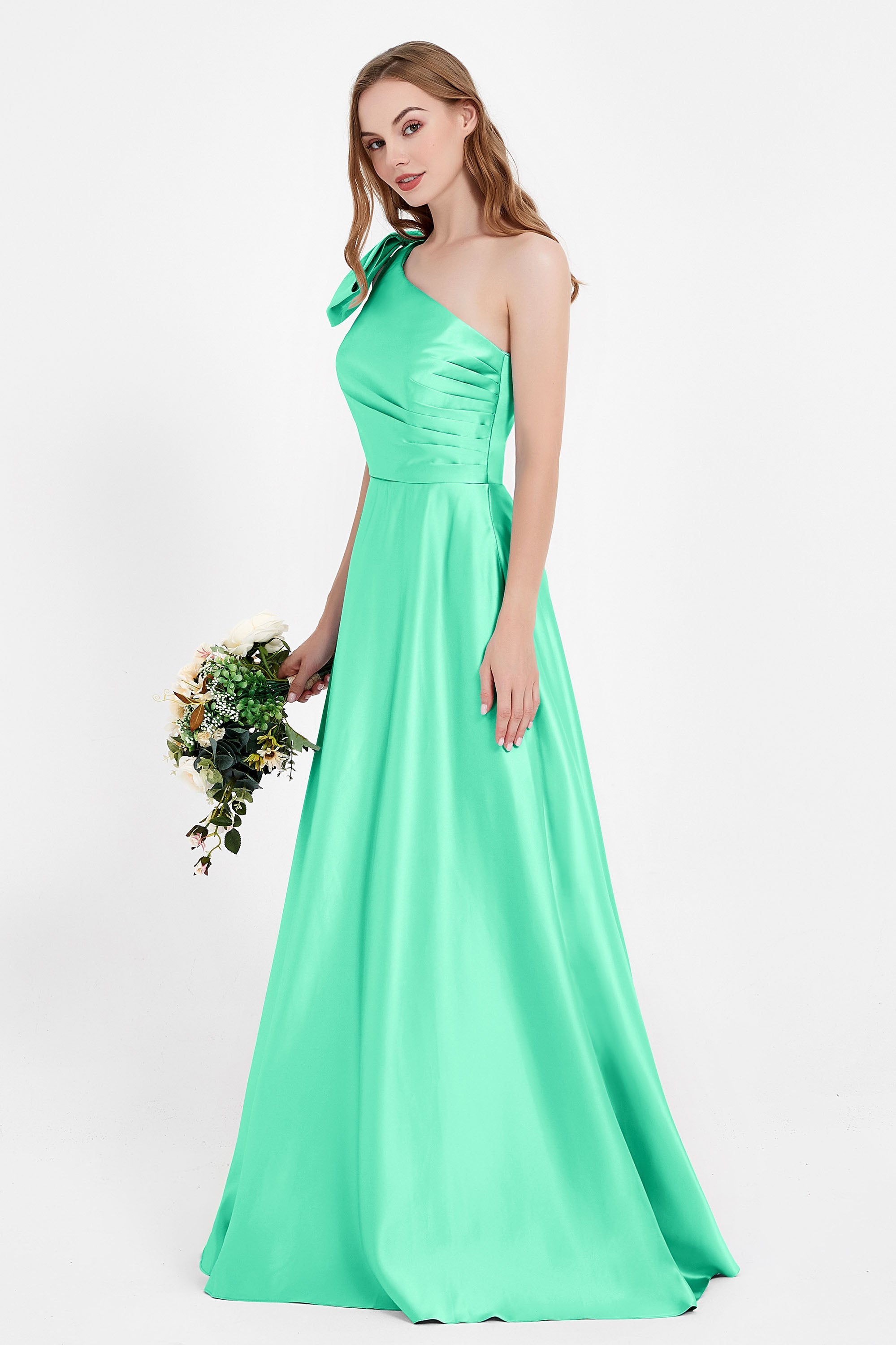 One Shoulder Satin Pleated Bridesmaid Dress Long Bowknot Formal Evening Party Dresses Gowns