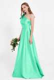 One Shoulder Satin Pleated Bridesmaid Dress Long Bowknot Formal Evening Party Dresses Gowns
