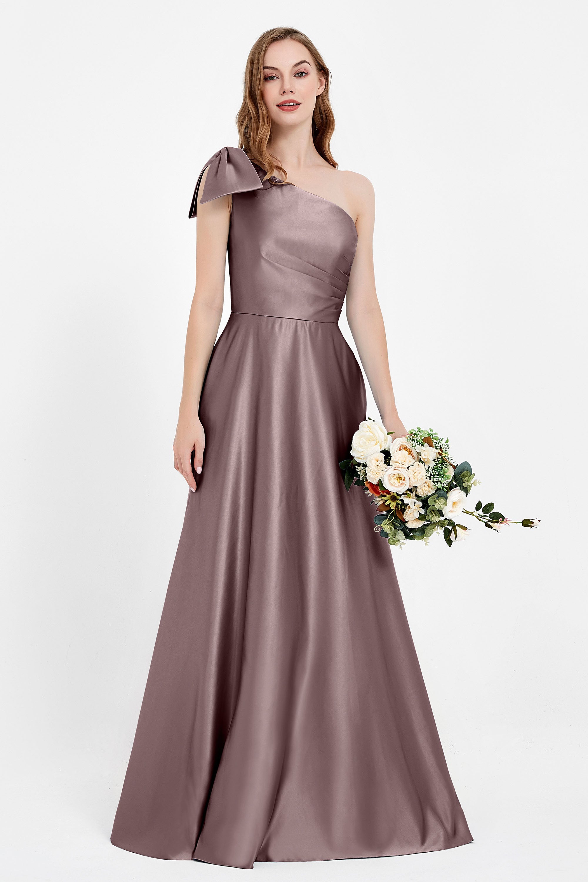 One Shoulder Satin Pleated Bridesmaid Dress Long Bowknot Formal Evening Party Dresses Gowns
