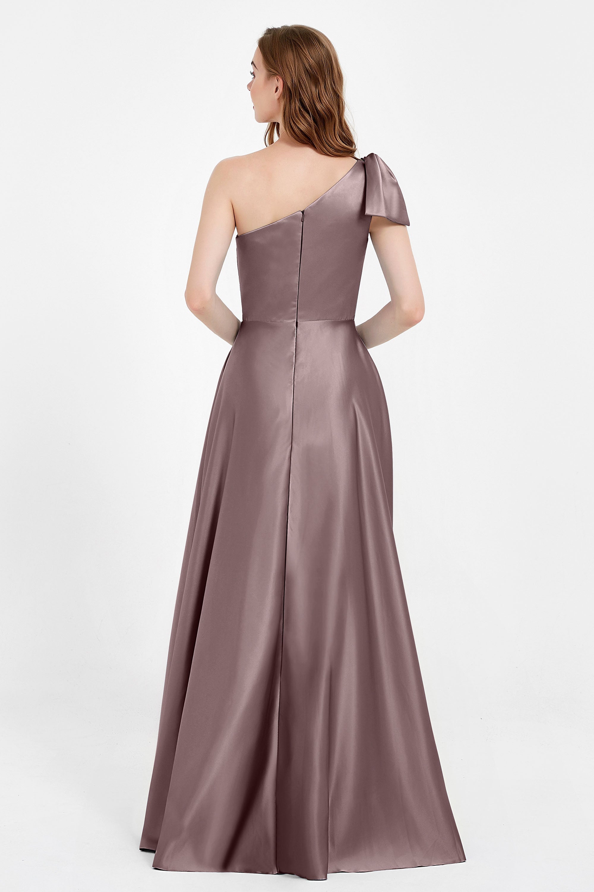 One Shoulder Satin Pleated Bridesmaid Dress Long Bowknot Formal Evening Party Dresses Gowns