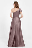 One Shoulder Satin Pleated Bridesmaid Dress Long Bowknot Formal Evening Party Dresses Gowns