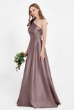 One Shoulder Satin Pleated Bridesmaid Dress Long Bowknot Formal Evening Party Dresses Gowns