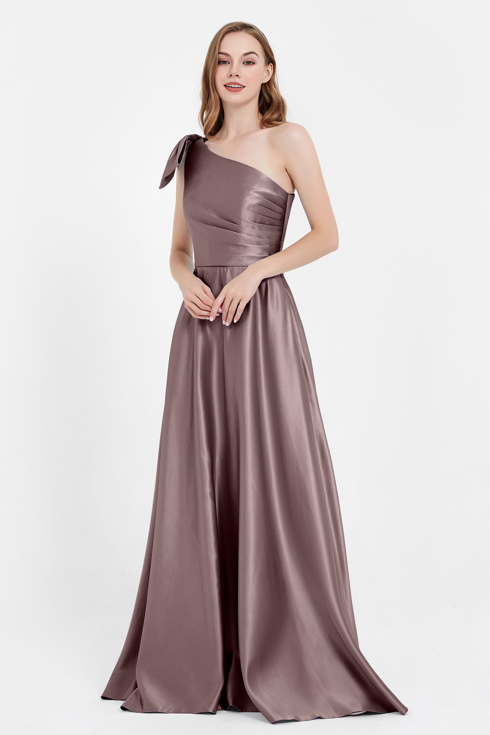 One Shoulder Satin Pleated Bridesmaid Dress Long Bowknot Formal Evening Party Dresses Gowns