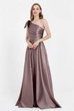 One Shoulder Satin Pleated Bridesmaid Dress Long Bowknot Formal Evening Party Dresses Gowns