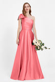 One Shoulder Satin Pleated Bridesmaid Dress Long Bowknot Formal Evening Party Dresses Gowns