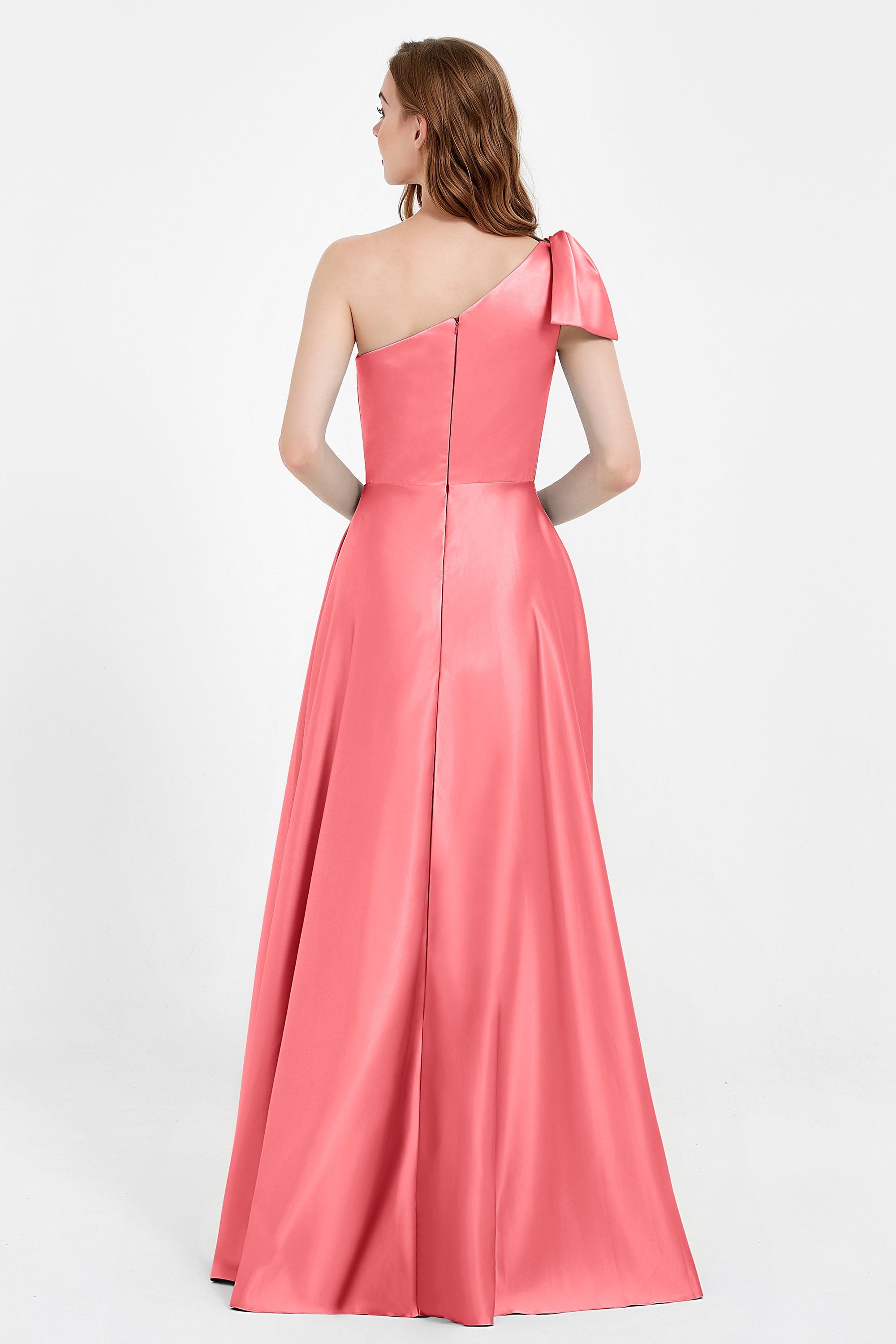 One Shoulder Satin Pleated Bridesmaid Dress Long Bowknot Formal Evening Party Dresses Gowns