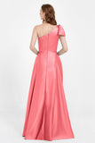One Shoulder Satin Pleated Bridesmaid Dress Long Bowknot Formal Evening Party Dresses Gowns
