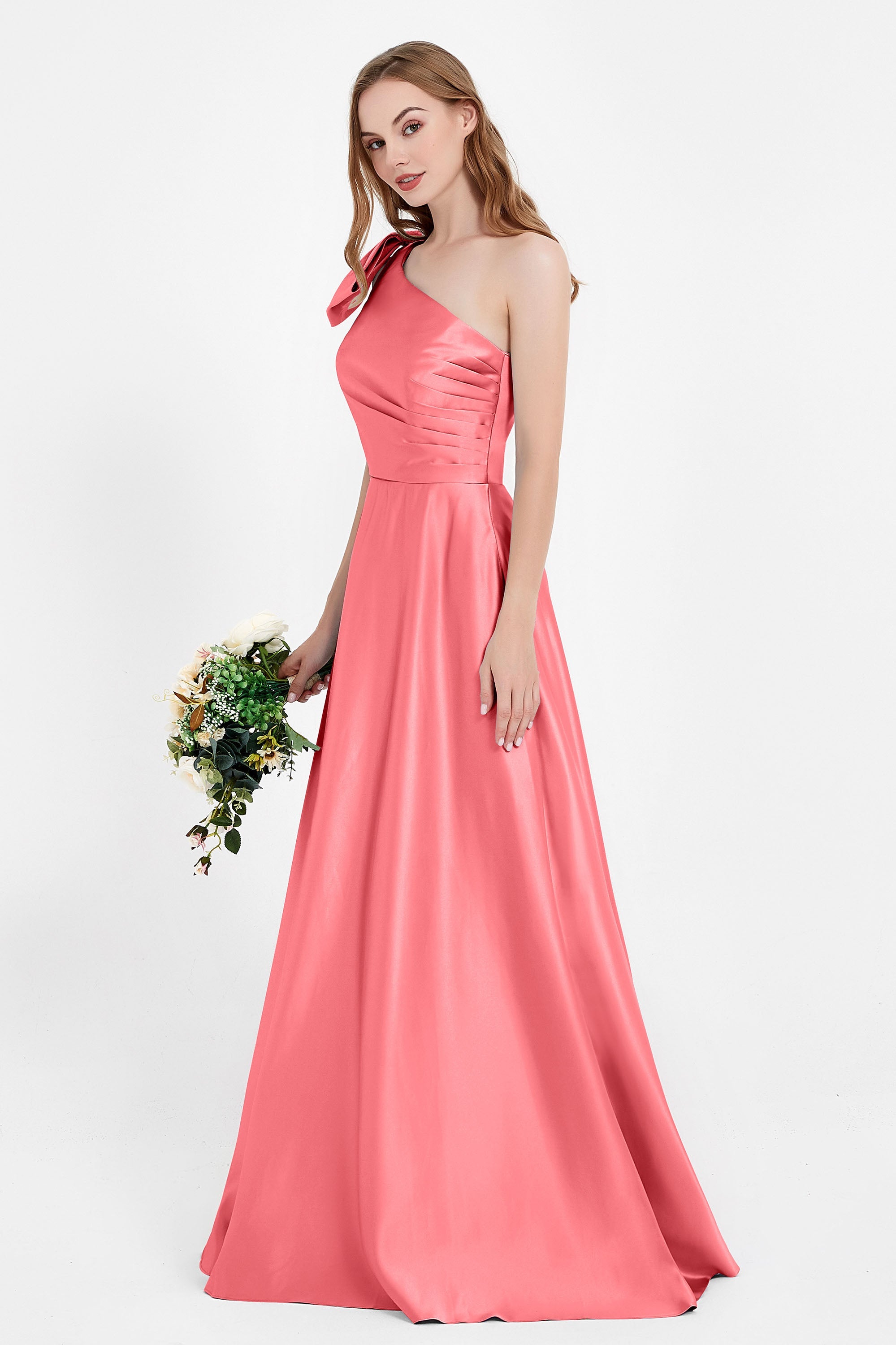 One Shoulder Satin Pleated Bridesmaid Dress Long Bowknot Formal Evening Party Dresses Gowns