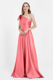 One Shoulder Satin Pleated Bridesmaid Dress Long Bowknot Formal Evening Party Dresses Gowns
