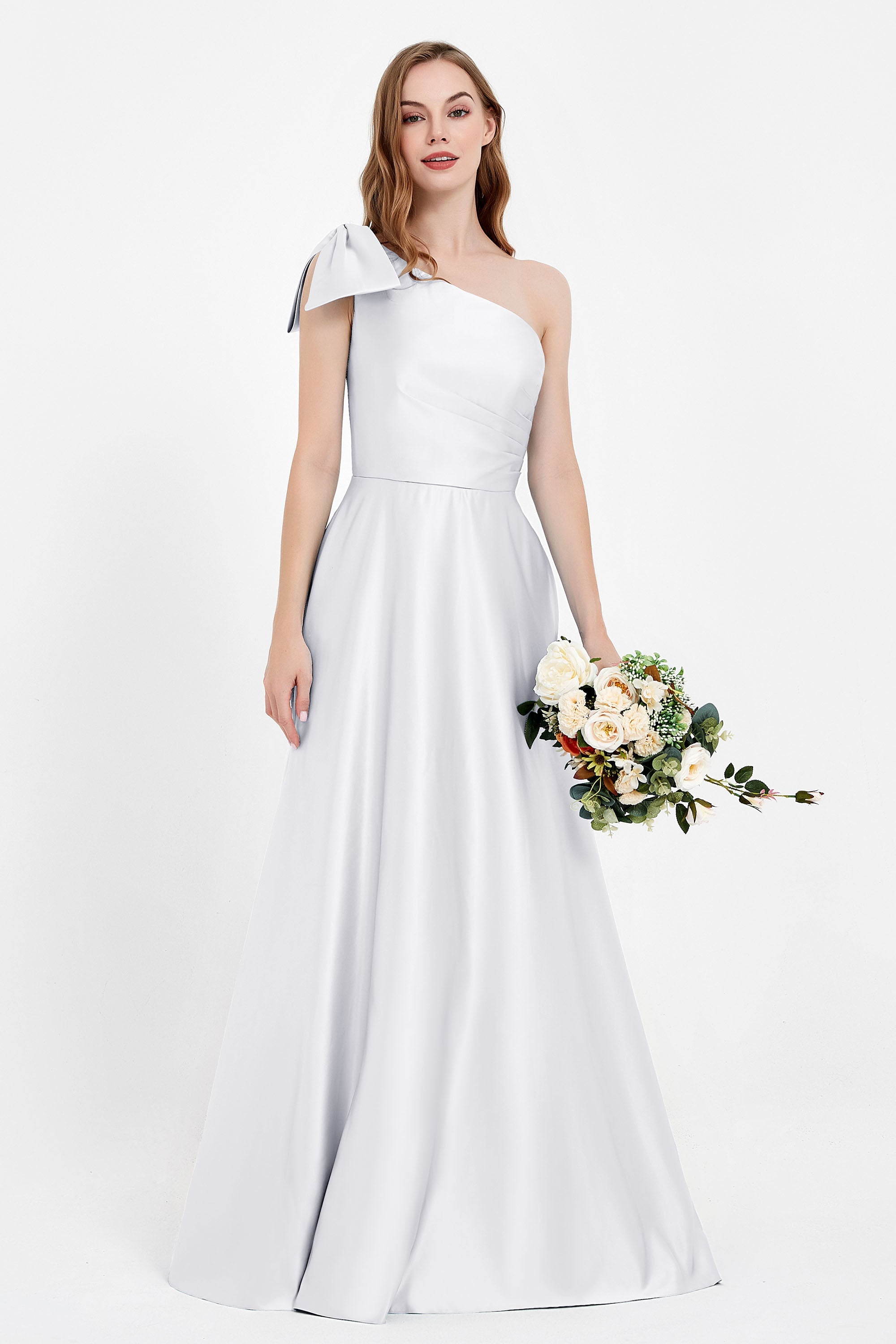 One Shoulder Satin Pleated Bridesmaid Dress Long Bowknot Formal Evening Party Dresses Gowns