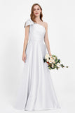 One Shoulder Satin Pleated Bridesmaid Dress Long Bowknot Formal Evening Party Dresses Gowns
