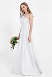 One Shoulder Satin Pleated Bridesmaid Dress Long Bowknot Formal Evening Party Dresses Gowns