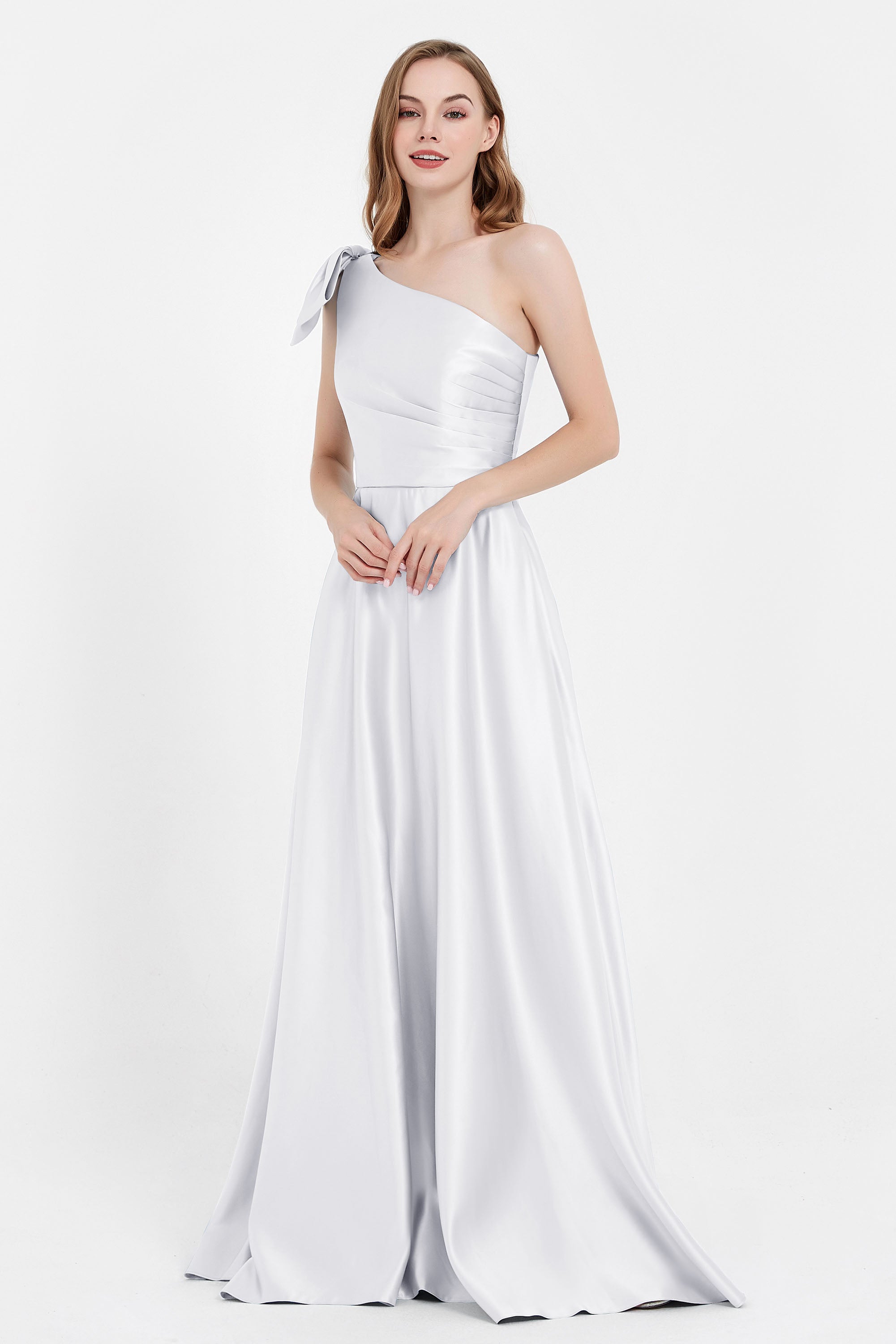 One Shoulder Satin Pleated Bridesmaid Dress Long Bowknot Formal Evening Party Dresses Gowns
