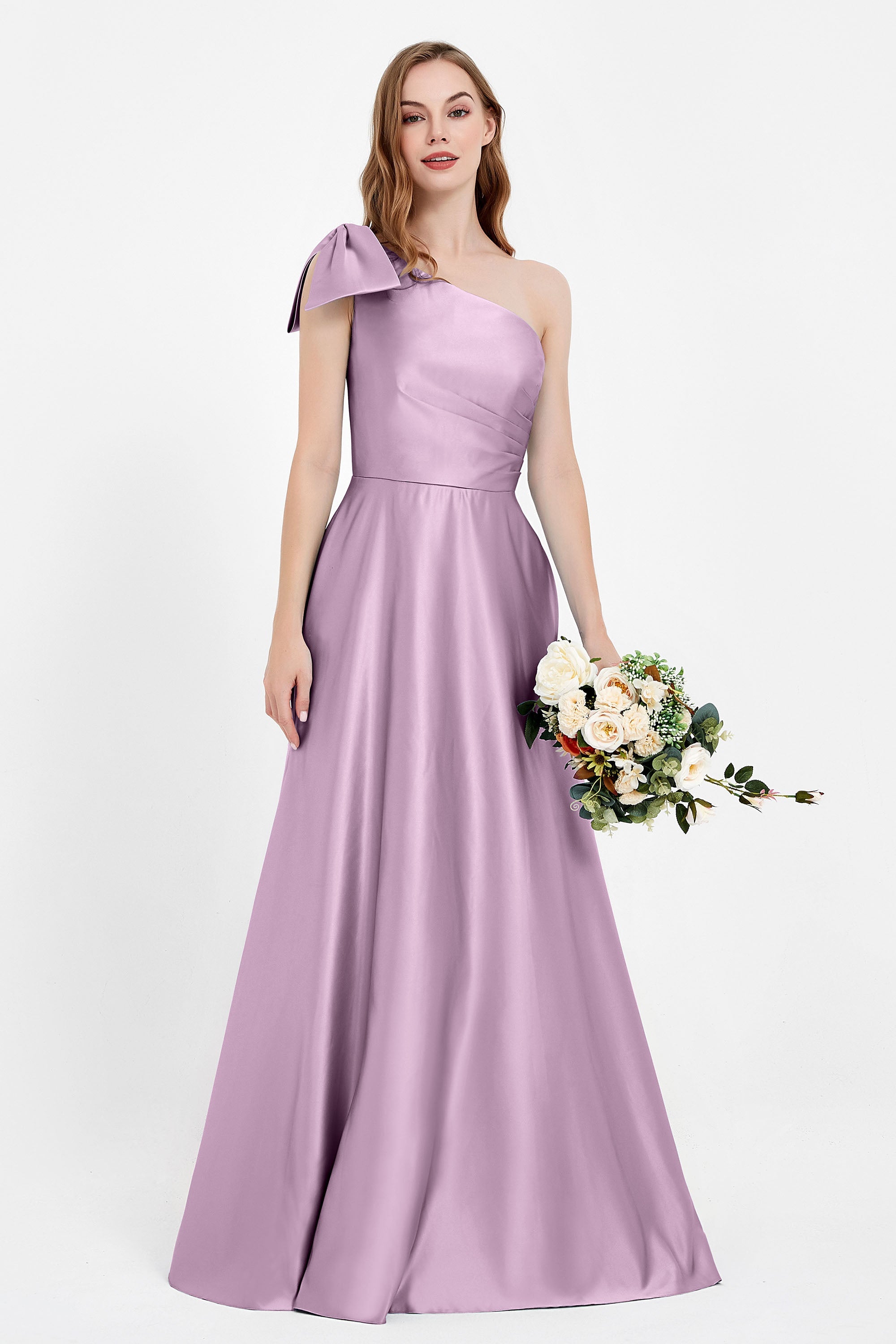 One Shoulder Satin Pleated Bridesmaid Dress Long Bowknot Formal Evening Party Dresses Gowns