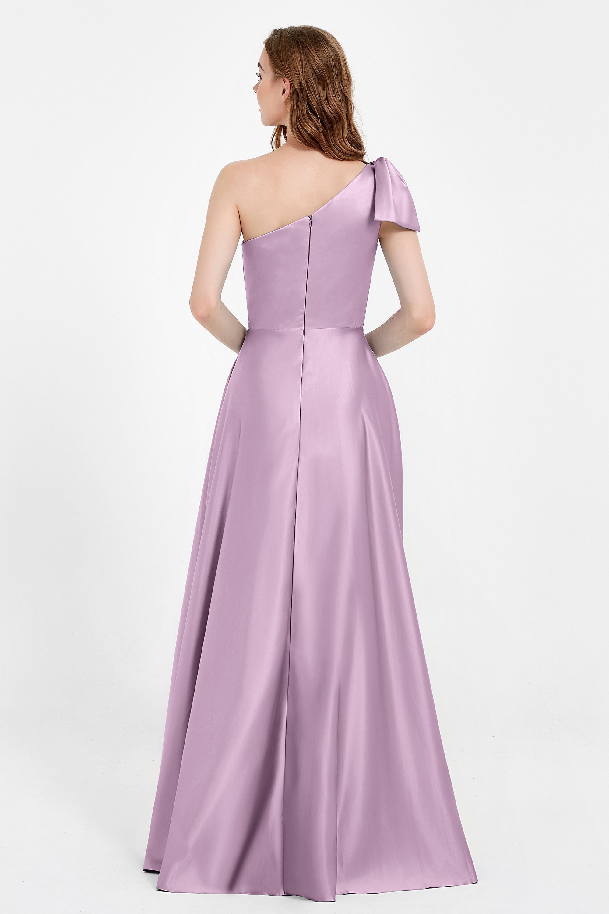 One Shoulder Satin Pleated Bridesmaid Dress Long Bowknot Formal Evening Party Dresses Gowns