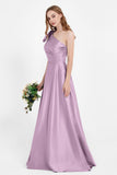 One Shoulder Satin Pleated Bridesmaid Dress Long Bowknot Formal Evening Party Dresses Gowns