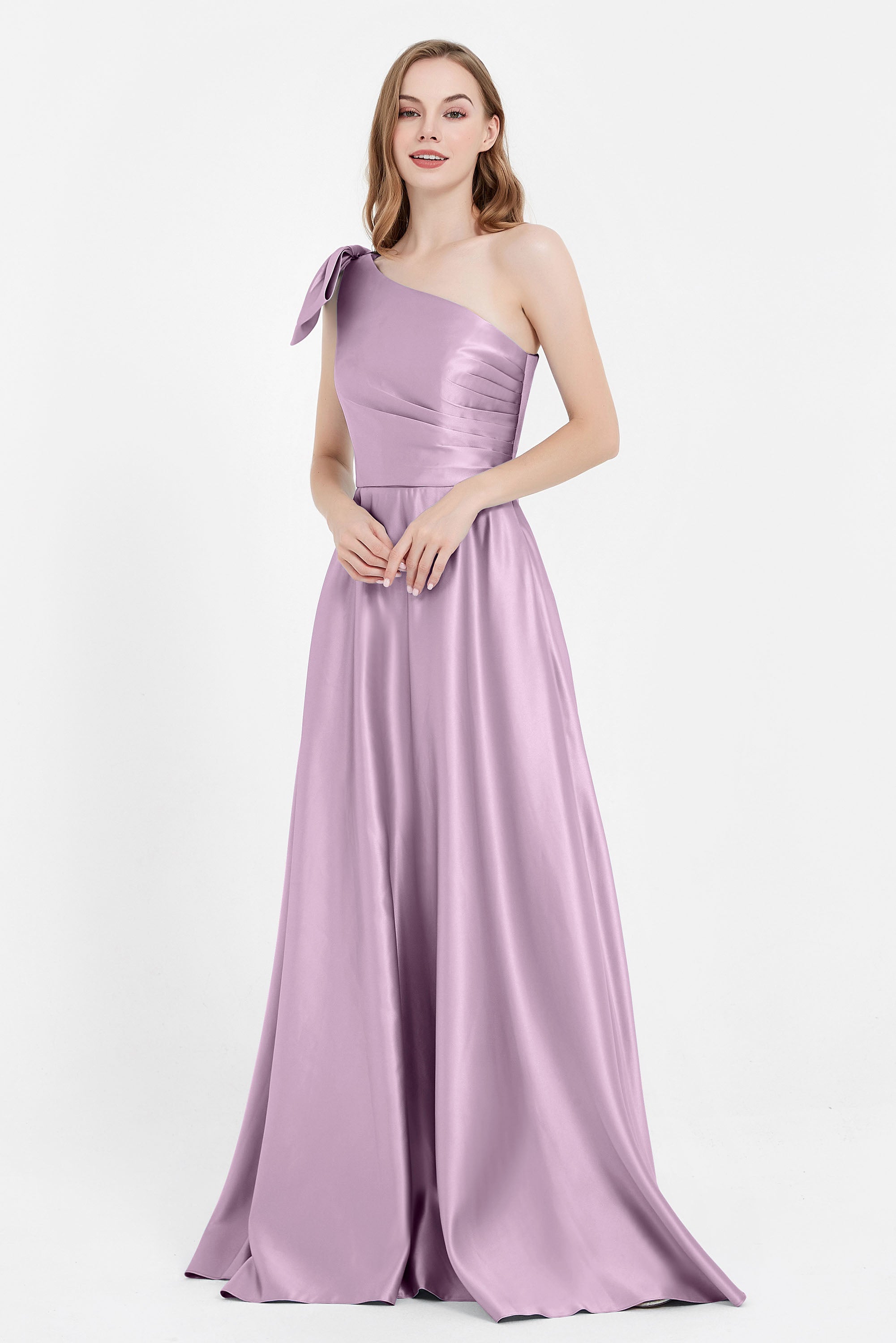 One Shoulder Satin Pleated Bridesmaid Dress Long Bowknot Formal Evening Party Dresses Gowns