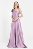 One Shoulder Satin Pleated Bridesmaid Dress Long Bowknot Formal Evening Party Dresses Gowns