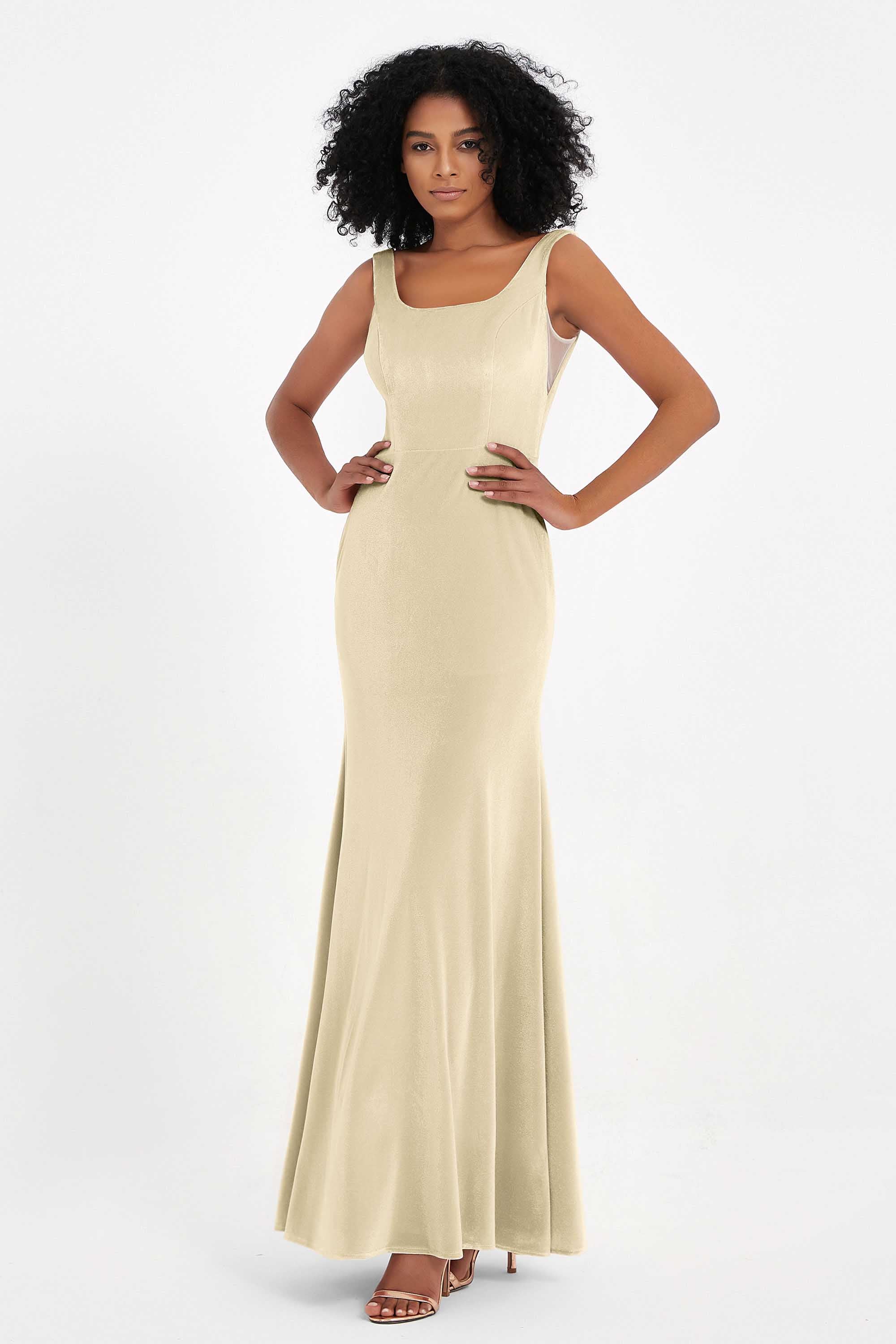 Scoop Sleeveless Velvet Long Formal Evening Dresses Sheath Bridesmaid Prom Party Gowns