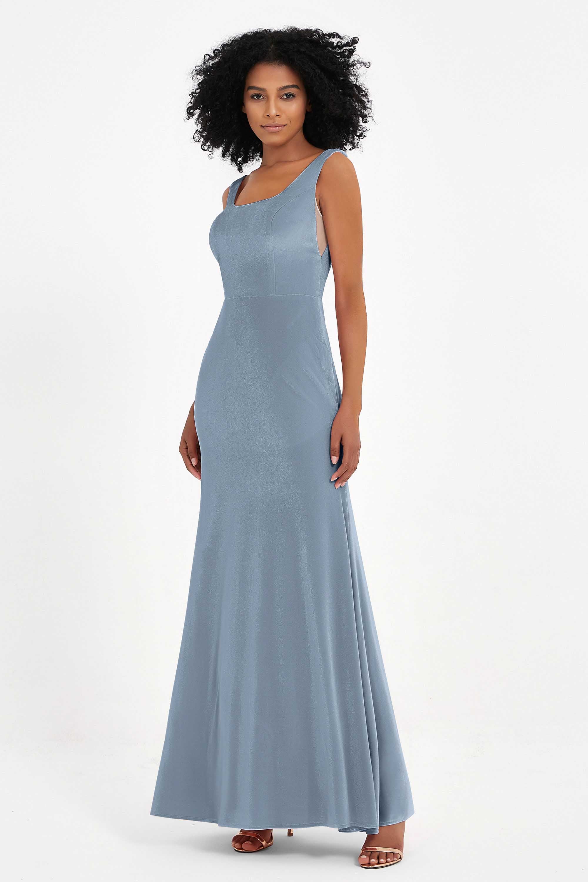 Scoop Sleeveless Velvet Long Formal Evening Dresses Sheath Bridesmaid Prom Party Gowns