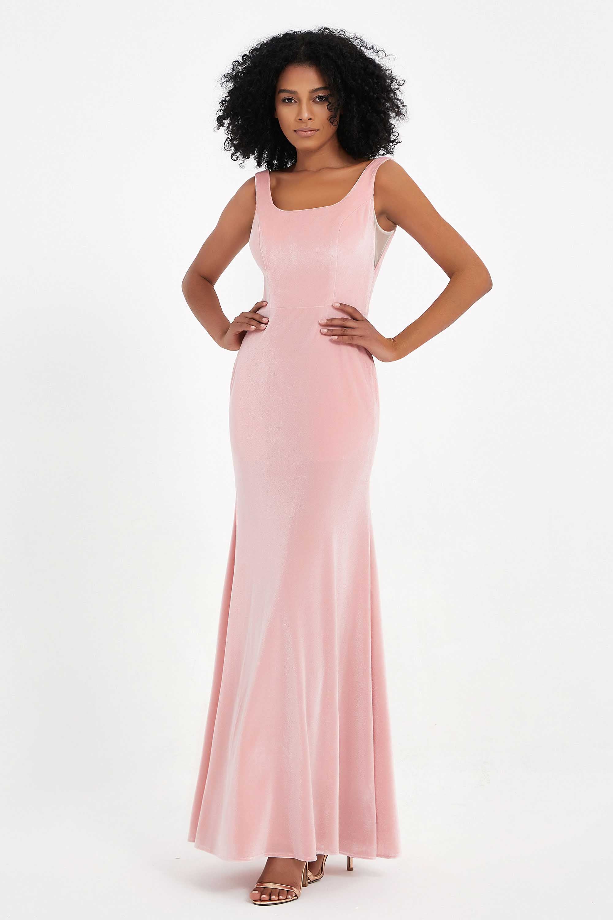 Scoop Sleeveless Velvet Long Formal Evening Dresses Sheath Bridesmaid Prom Party Gowns