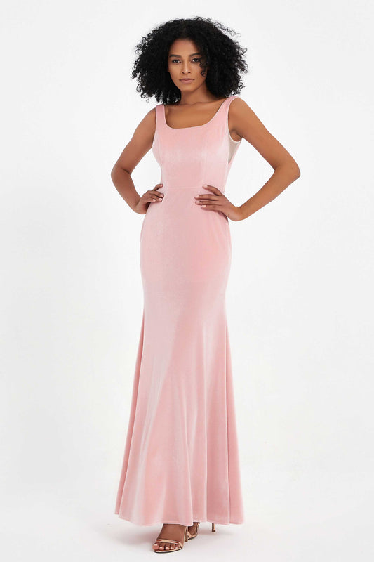 Scoop Sleeveless Velvet Long Formal Evening Dresses Sheath Bridesmaid Prom Party Gowns