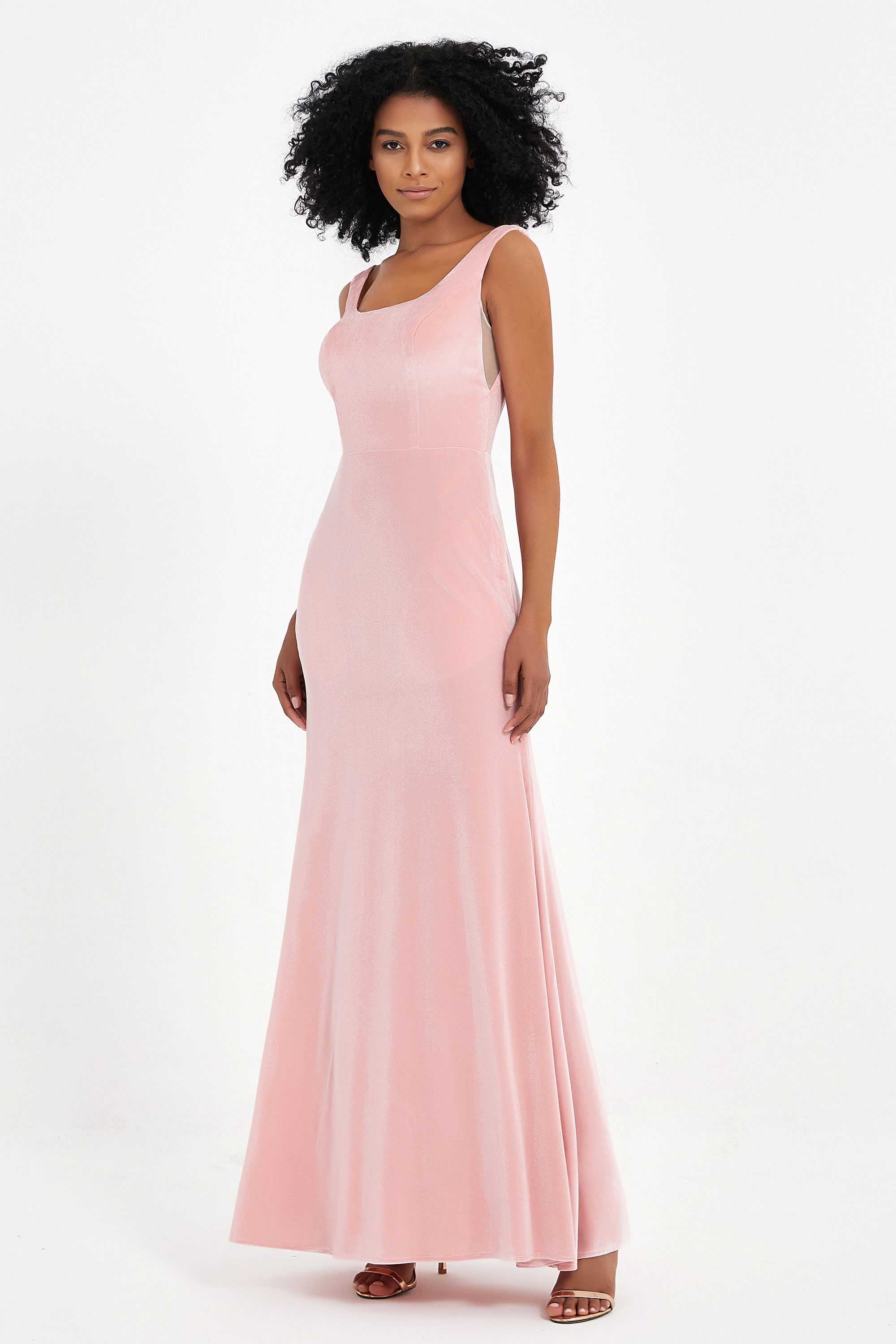 Scoop Sleeveless Velvet Long Formal Evening Dresses Sheath Bridesmaid Prom Party Gowns