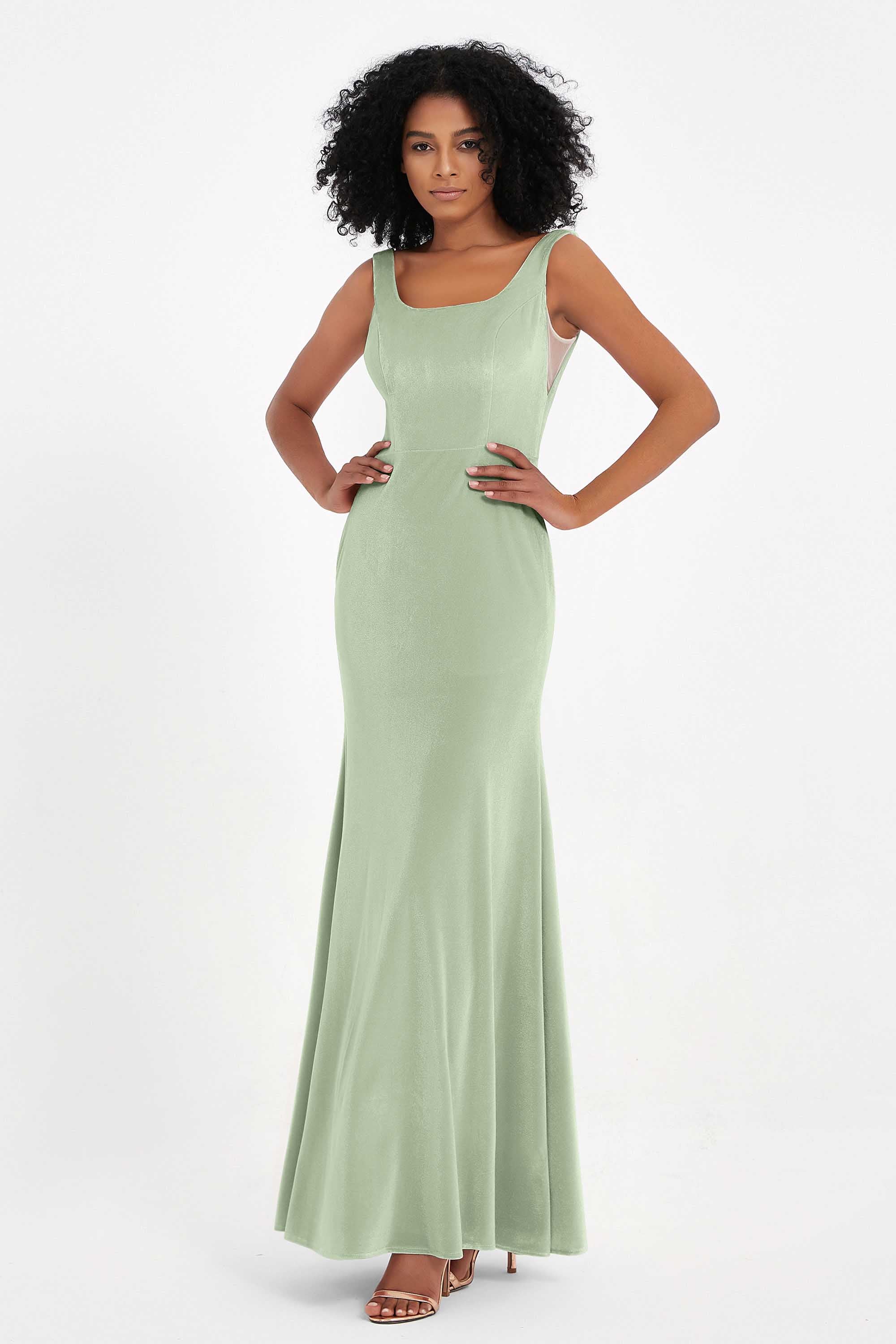 Scoop Sleeveless Velvet Long Formal Evening Dresses Sheath Bridesmaid Prom Party Gowns