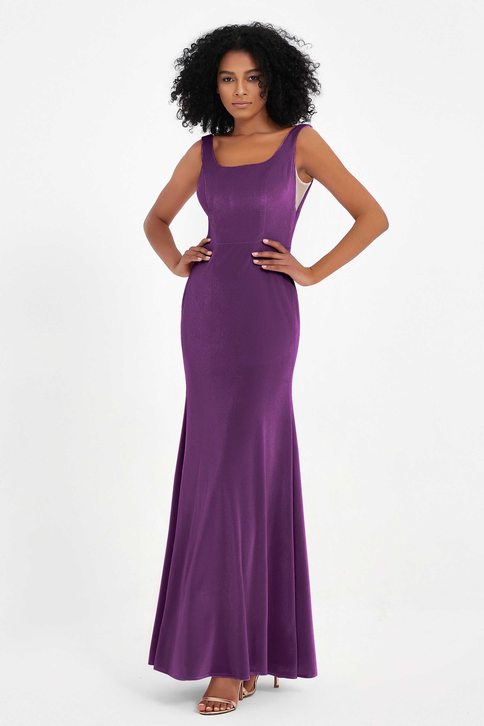 Scoop Sleeveless Velvet Long Formal Evening Dresses Sheath Bridesmaid Prom Party Gowns