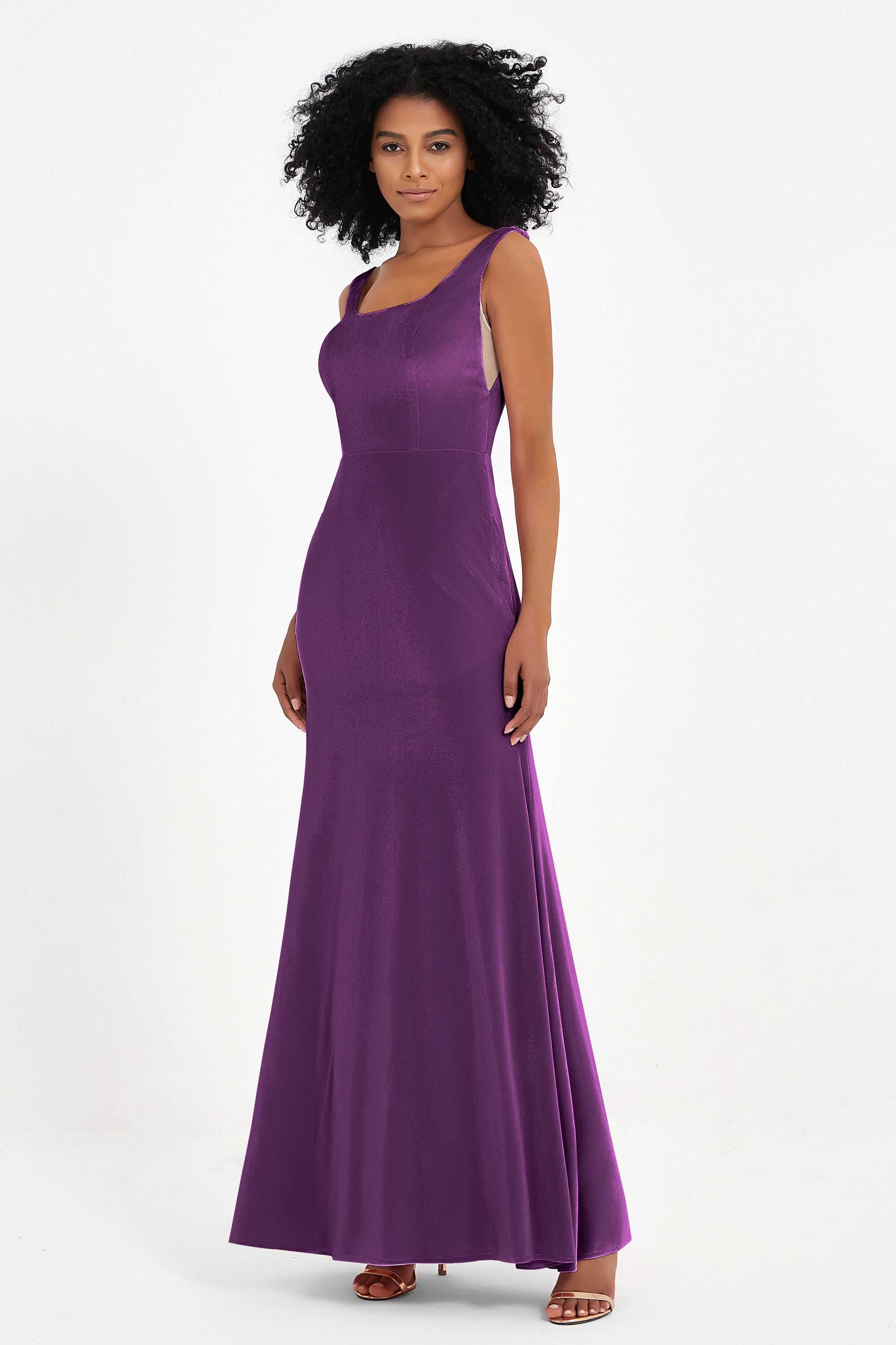 Scoop Sleeveless Velvet Long Formal Evening Dresses Sheath Bridesmaid Prom Party Gowns