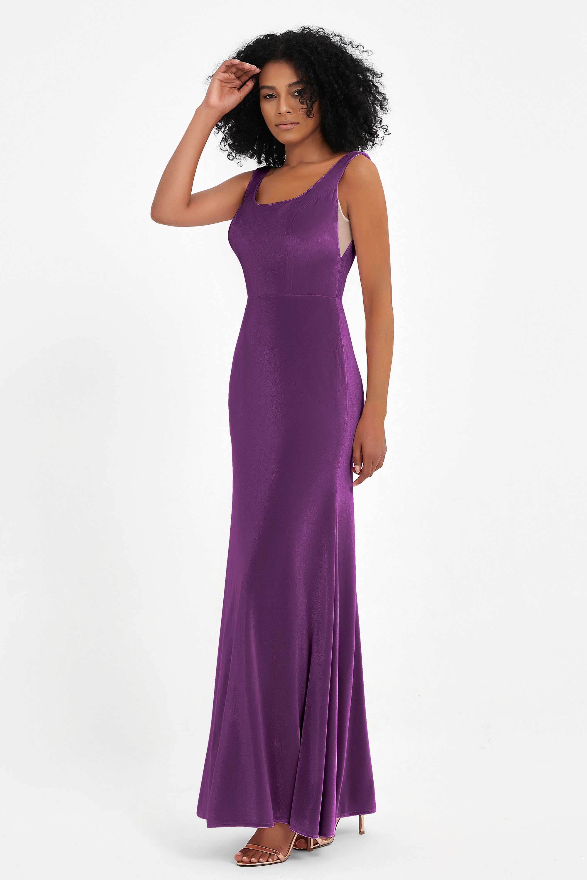 Scoop Sleeveless Velvet Long Formal Evening Dresses Sheath Bridesmaid Prom Party Gowns