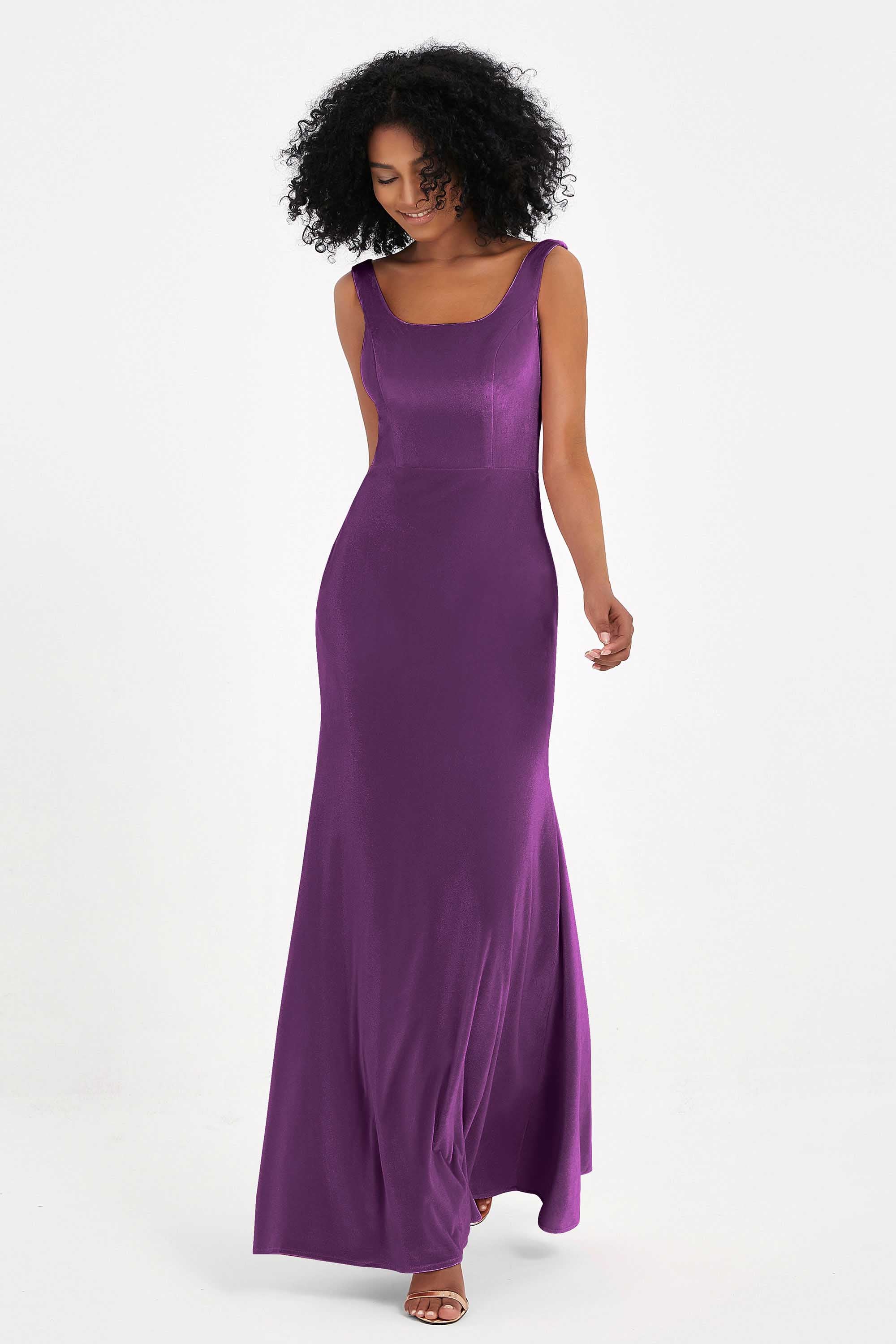 Scoop Sleeveless Velvet Long Formal Evening Dresses Sheath Bridesmaid Prom Party Gowns