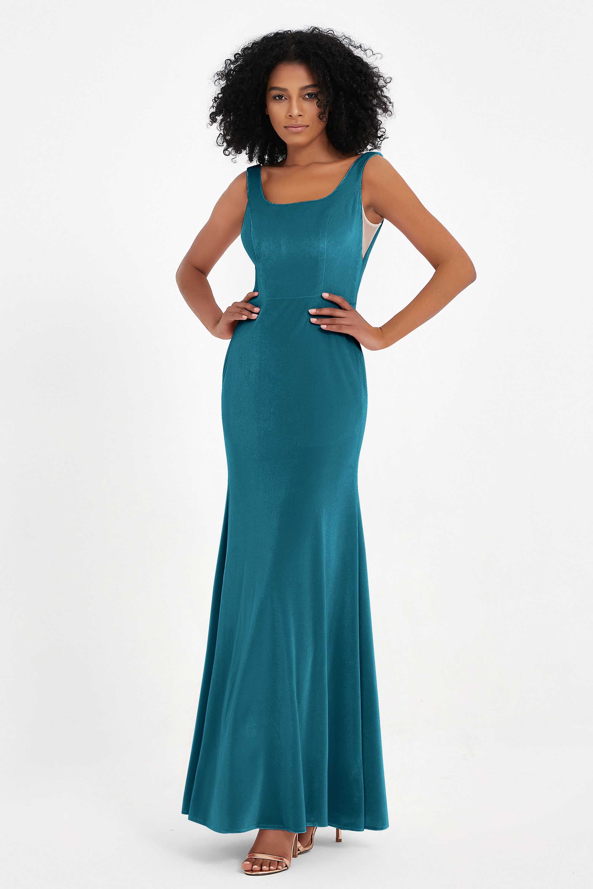 Scoop Sleeveless Velvet Long Formal Evening Dresses Sheath Bridesmaid Prom Party Gowns