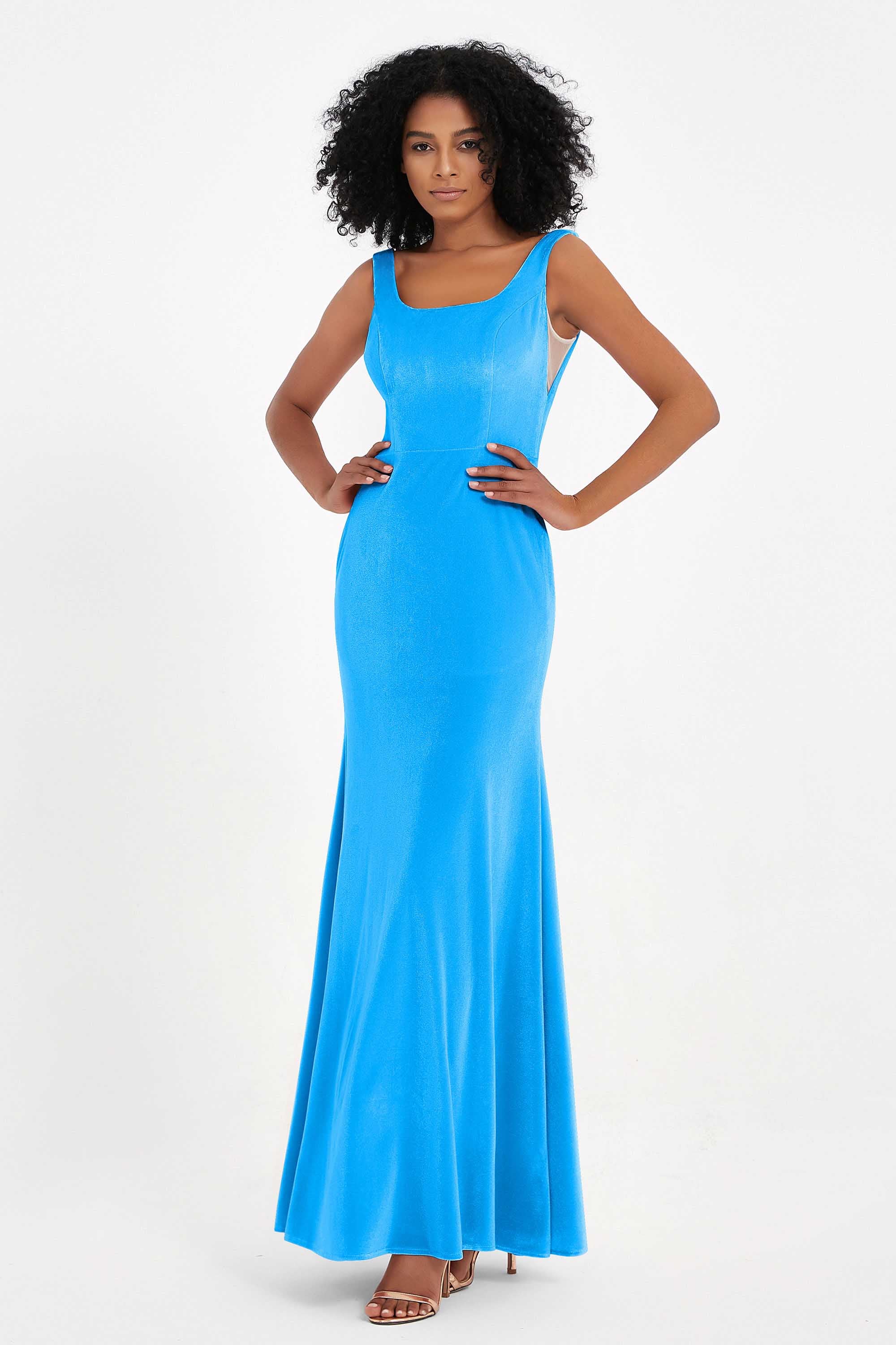 Scoop Sleeveless Velvet Long Formal Evening Dresses Sheath Bridesmaid Prom Party Gowns