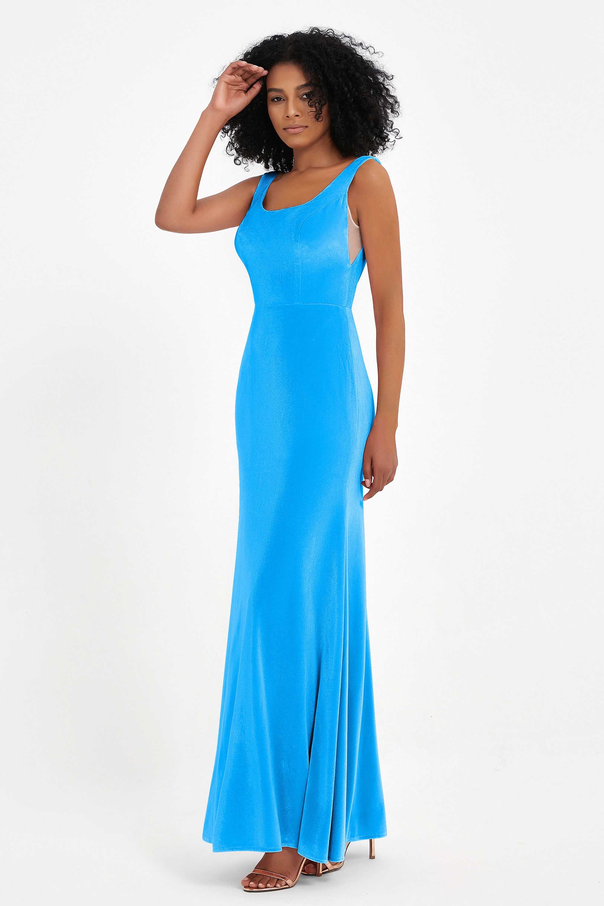 Scoop Sleeveless Velvet Long Formal Evening Dresses Sheath Bridesmaid Prom Party Gowns