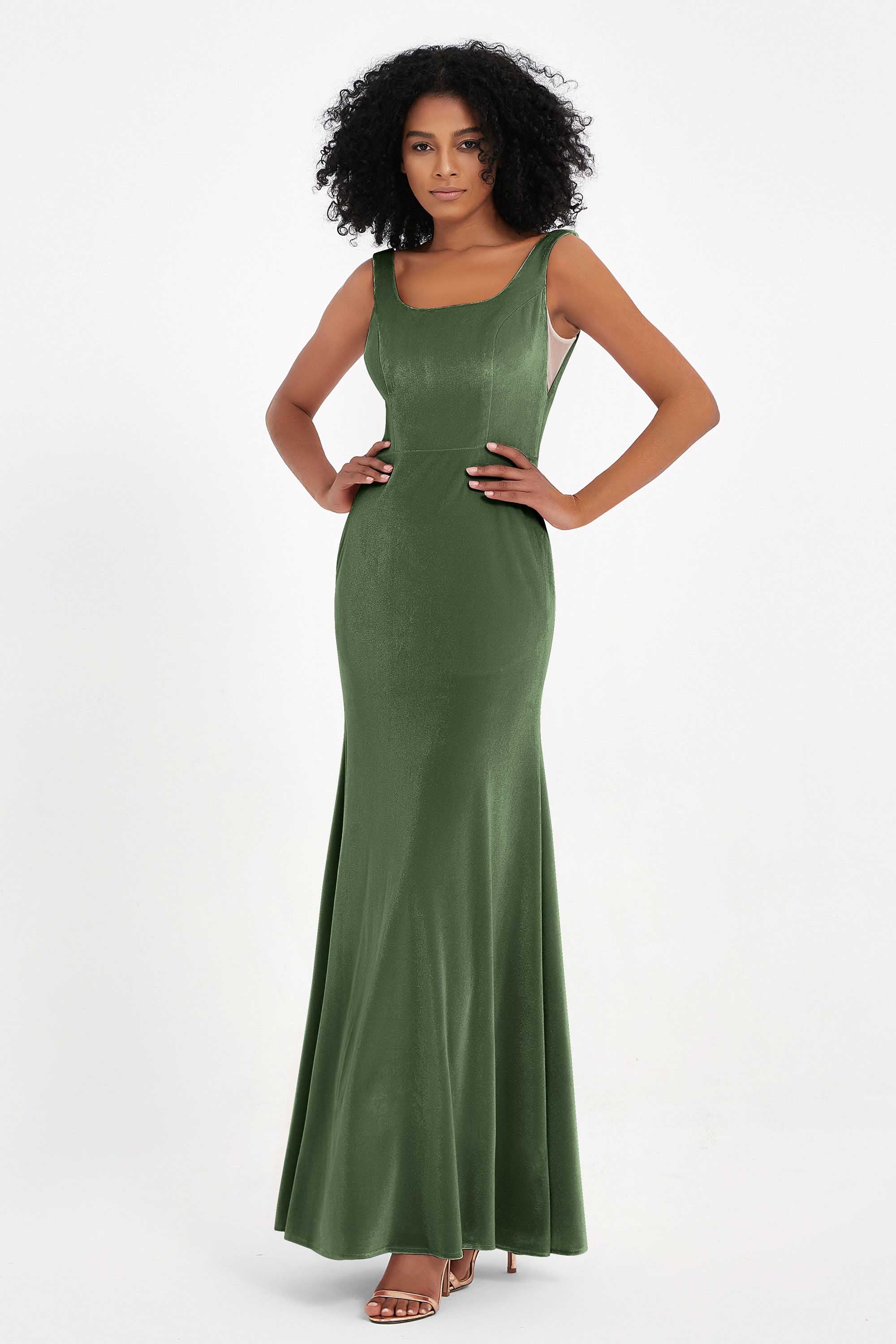 Scoop Sleeveless Velvet Long Formal Evening Dresses Sheath Bridesmaid Prom Party Gowns
