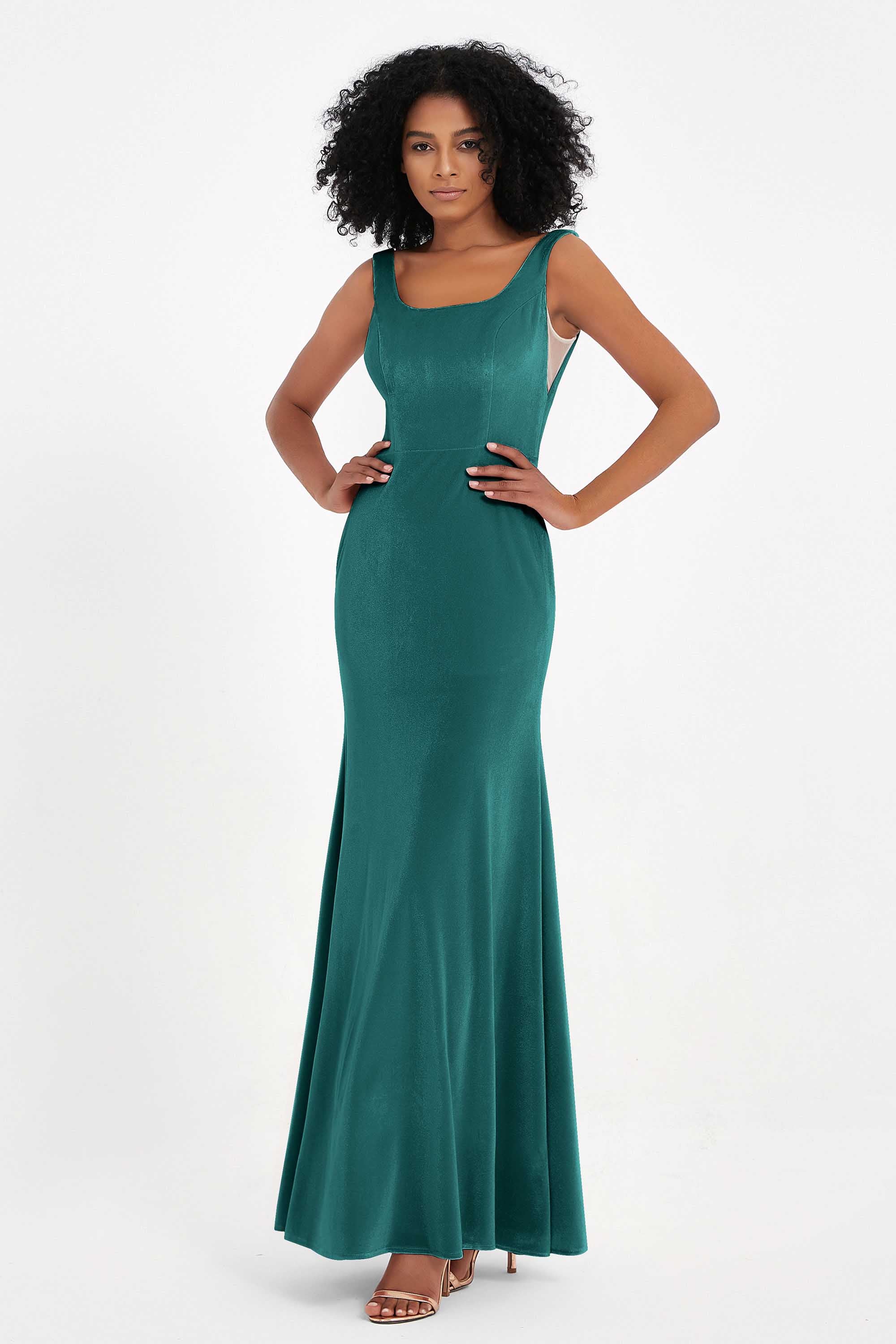 Scoop Sleeveless Velvet Long Formal Evening Dresses Sheath Bridesmaid Prom Party Gowns