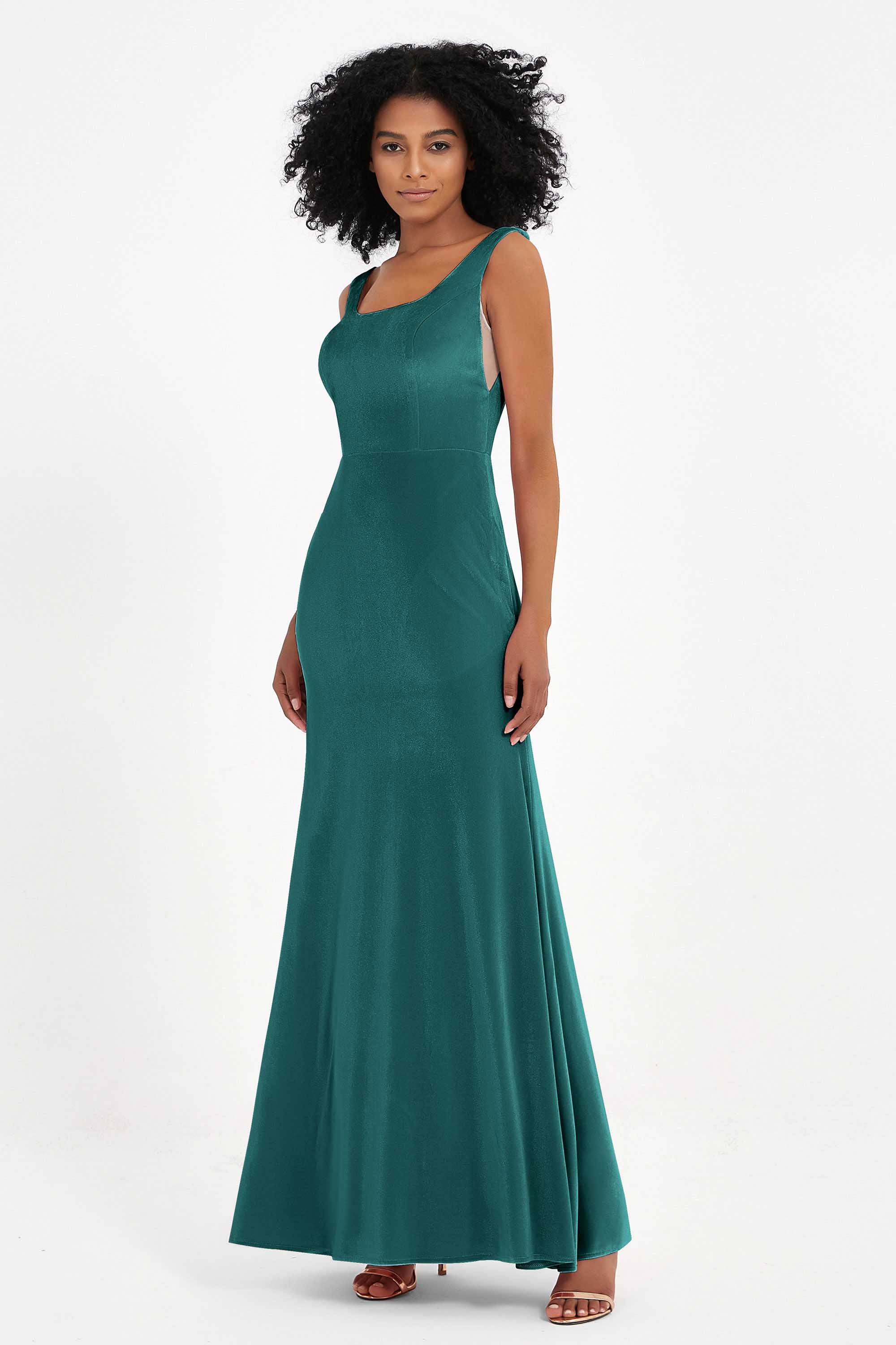 Scoop Sleeveless Velvet Long Formal Evening Dresses Sheath Bridesmaid Prom Party Gowns