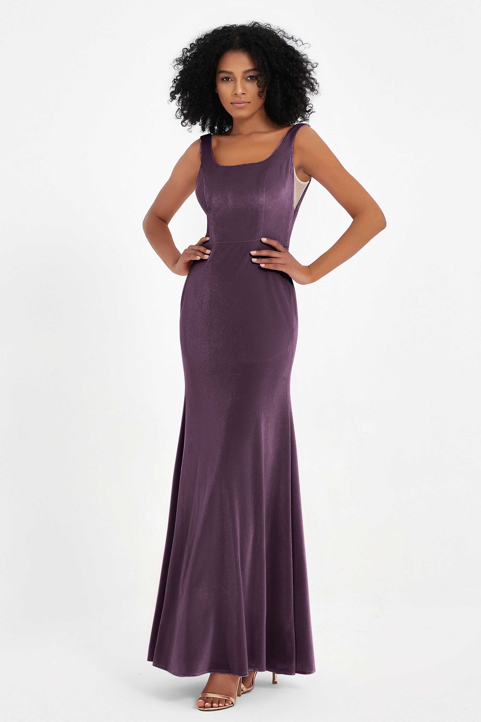 Scoop Sleeveless Velvet Long Formal Evening Dresses Sheath Bridesmaid Prom Party Gowns